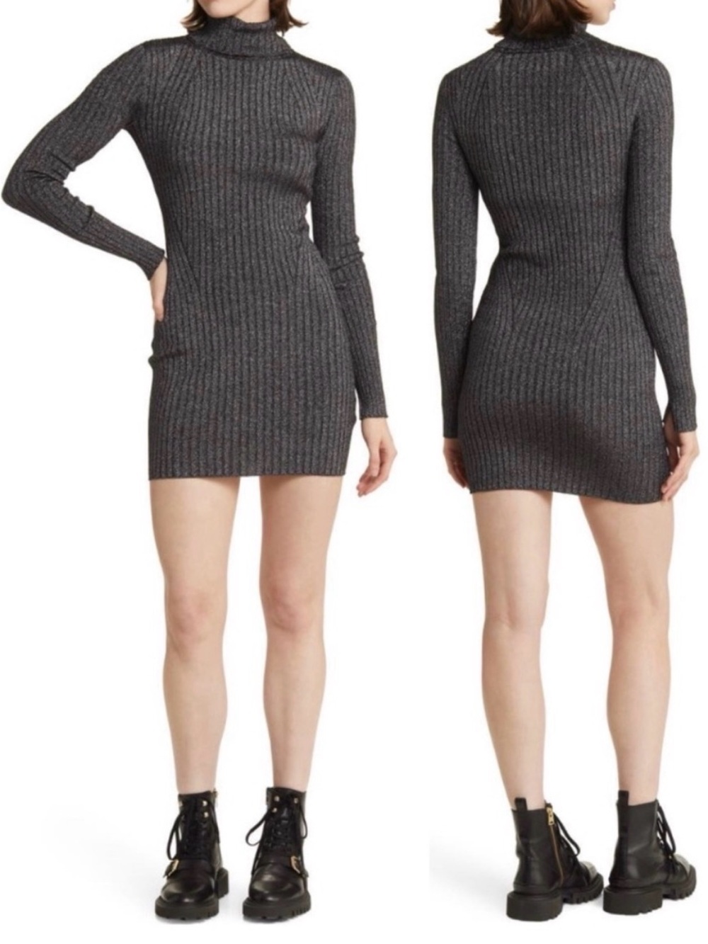 NWT💕AllSaints Juliette Metallic Long Sleeve Turtleneck Rib Sweater Dress Size XS